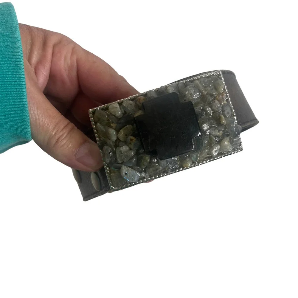 Unknown Leather Belt with Stone Decorated Belt‎ Buckle SZ S